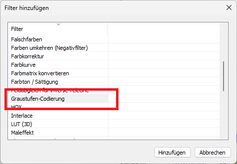 Graustufen-Codierung Filter hinzufügen