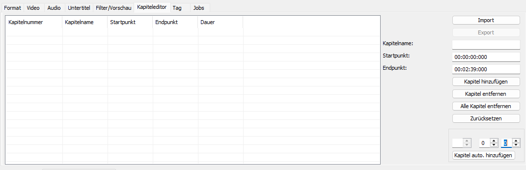 XMedia Recode: Registerkarte Kapitel Editor