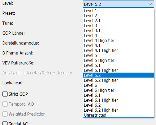 NVENC HEVC/H.265 Level einstellen