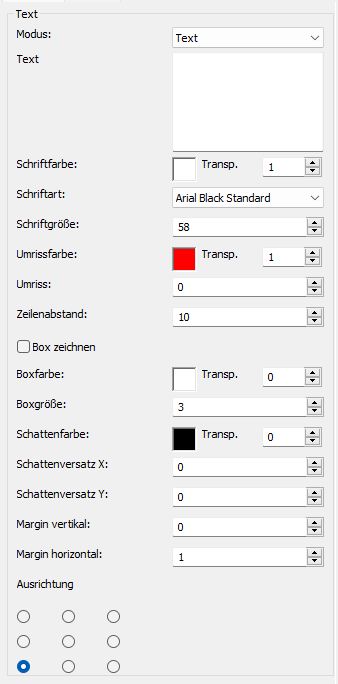 Text RendernFilter Einstellungen